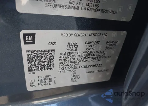 2021 Chevrolet Silverado 1500 4Wd Standard Bed Rst из США, поврежденный, VIN 1GCRYEED1MZ249711